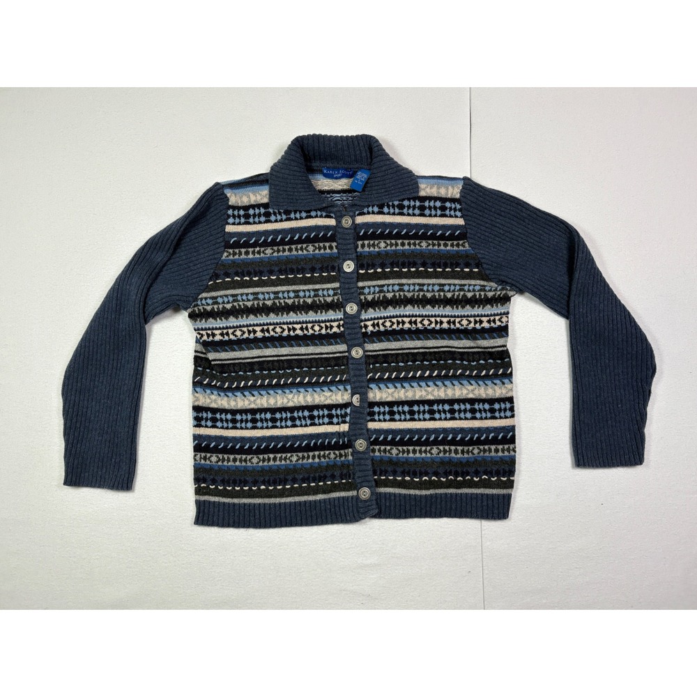 Karen Scott Sport Women L Blue Fair Isle Cotton Ramie Collared Cardigan Sweater